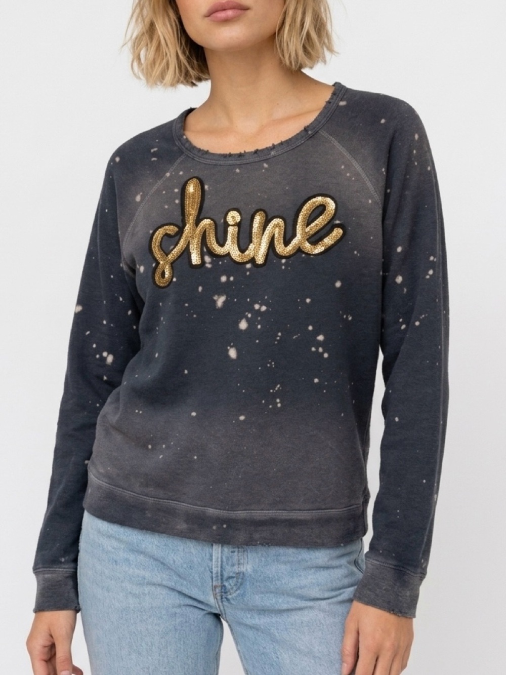 Sundry Shine Sequin Distressed Bleach Wash Sweatshirt Gray Gold Black Size 0 XS
